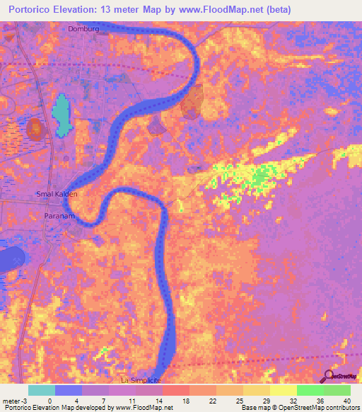 Portorico,Suriname Elevation Map