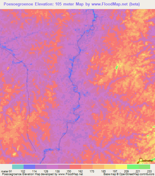 Poesoegroenoe,Suriname Elevation Map