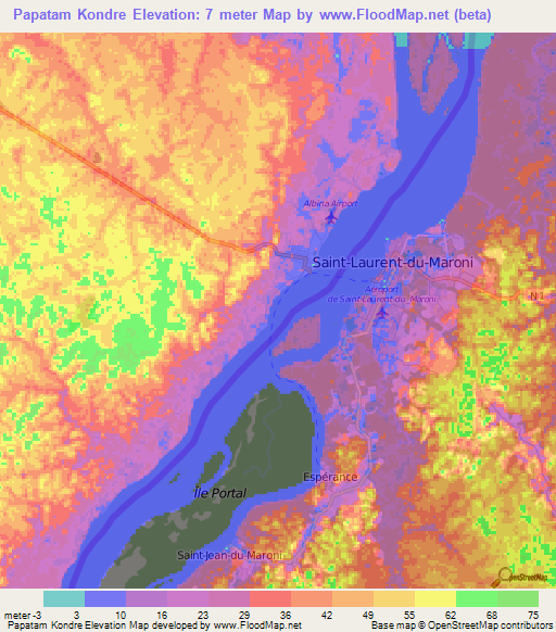 Papatam Kondre,Suriname Elevation Map