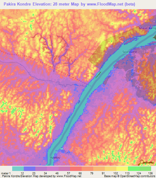 Pakira Kondre,Suriname Elevation Map