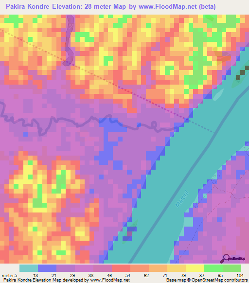 Pakira Kondre,Suriname Elevation Map