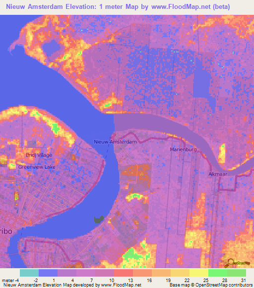 Nieuw Amsterdam,Suriname Elevation Map