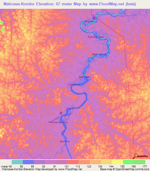 Malrosee-Kondre,Suriname Elevation Map