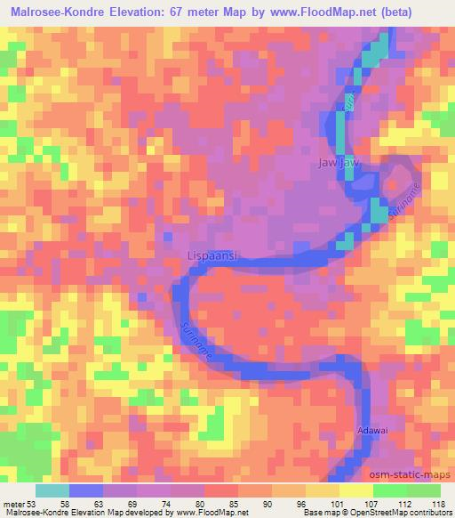 Malrosee-Kondre,Suriname Elevation Map