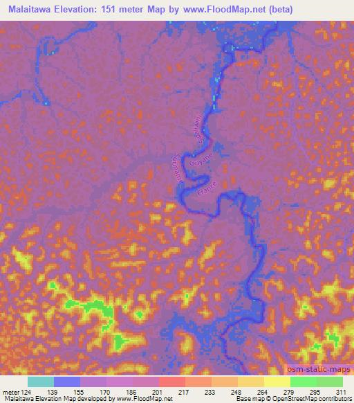 Malaitawa,Suriname Elevation Map