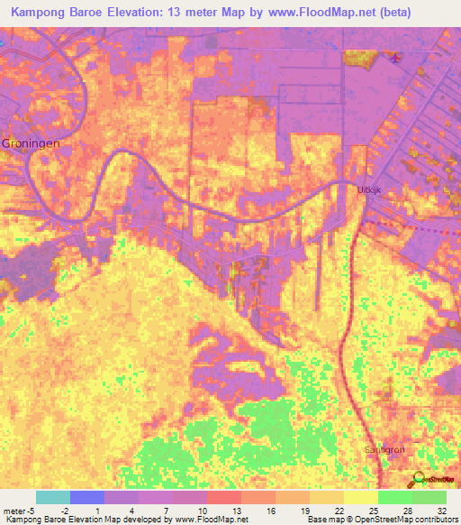 Kampong Baroe,Suriname Elevation Map