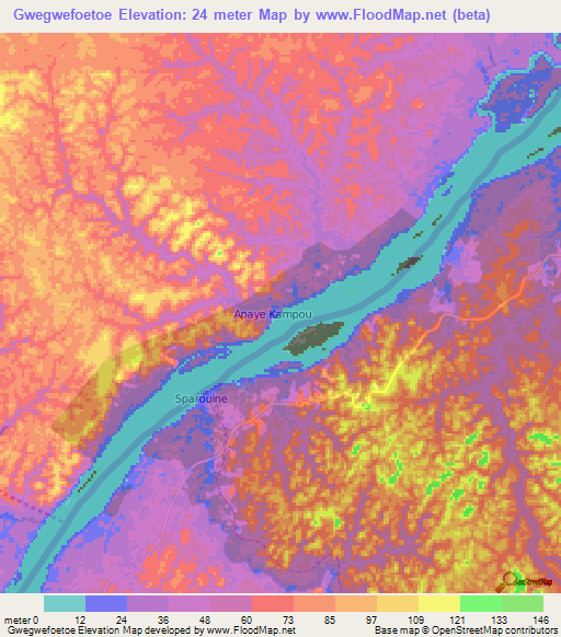 Gwegwefoetoe,Suriname Elevation Map