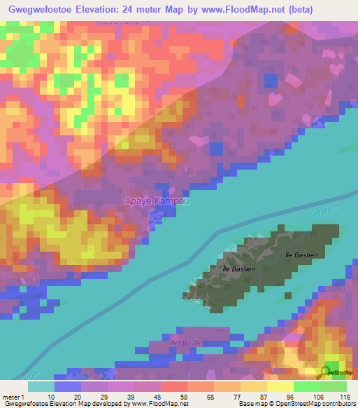 Gwegwefoetoe,Suriname Elevation Map