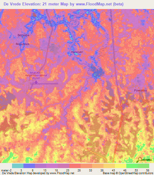 De Vrede,Suriname Elevation Map