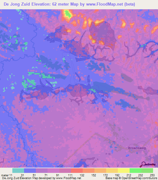 De Jong Zuid,Suriname Elevation Map