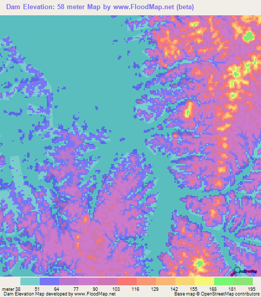 Dam,Suriname Elevation Map