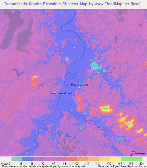 Commissaris Kondre,Suriname Elevation Map