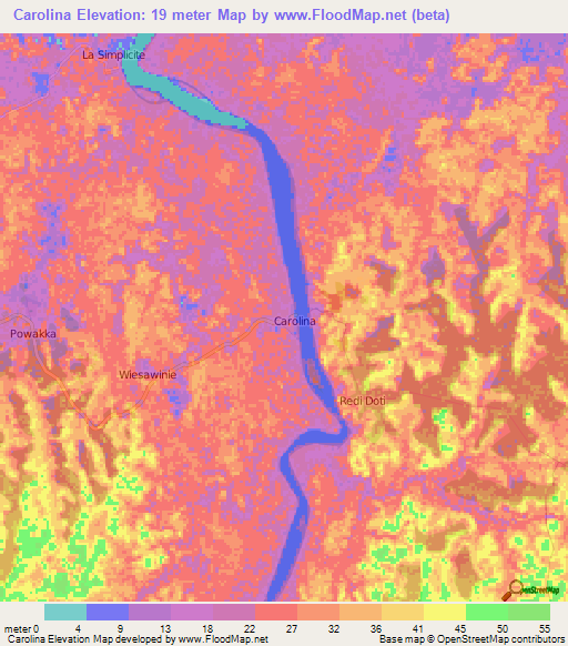 Carolina,Suriname Elevation Map