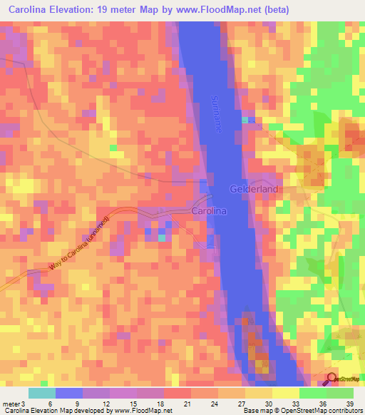 Carolina,Suriname Elevation Map