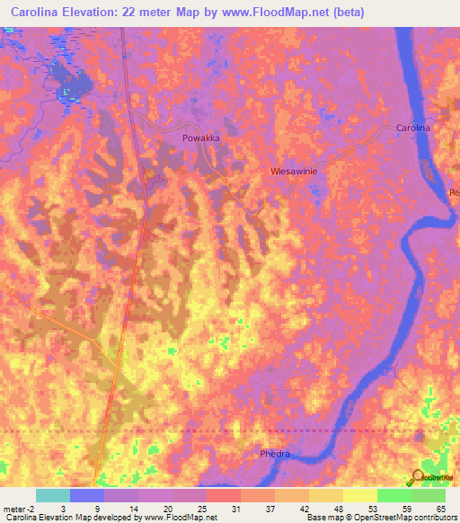 Carolina,Suriname Elevation Map