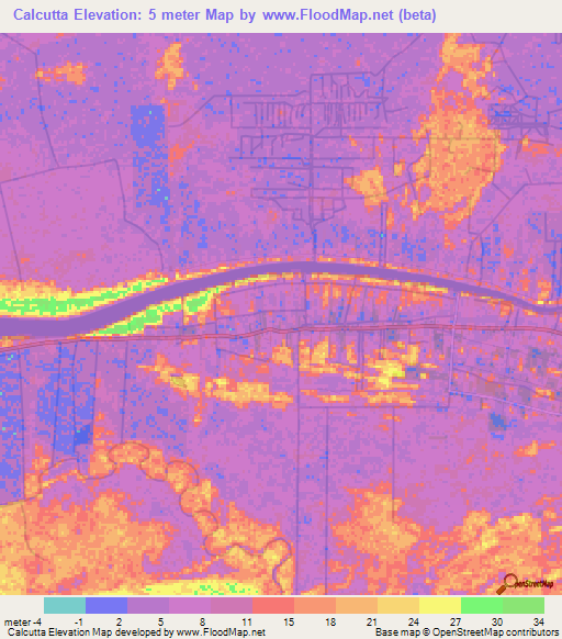 Calcutta,Suriname Elevation Map