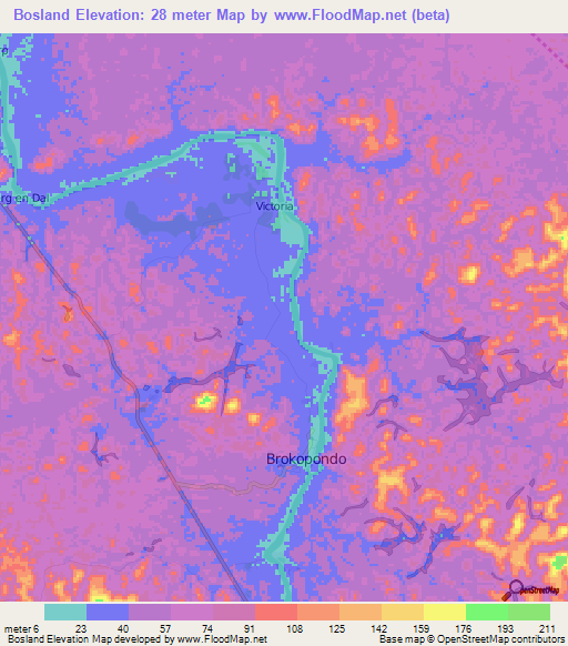 Bosland,Suriname Elevation Map