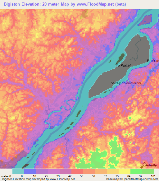 Bigiston,Suriname Elevation Map