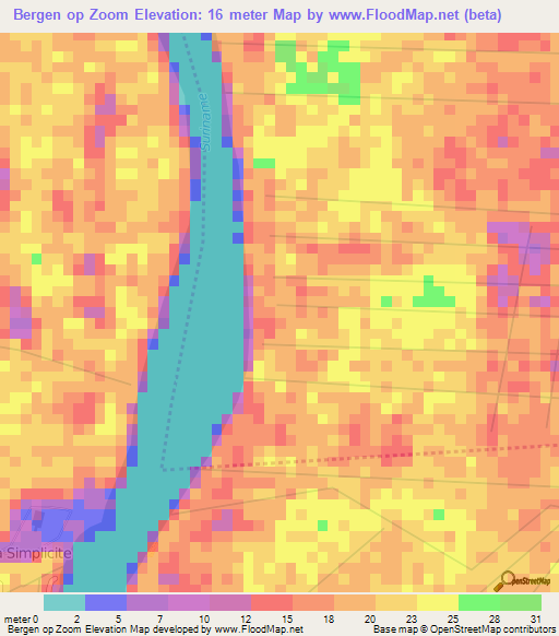 Bergen op Zoom,Suriname Elevation Map