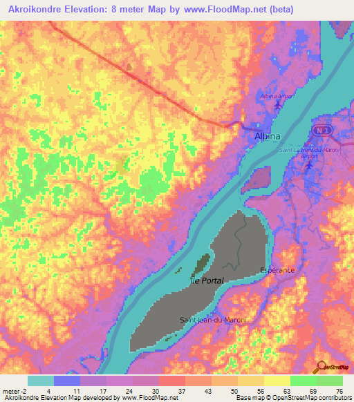 Akroikondre,Suriname Elevation Map