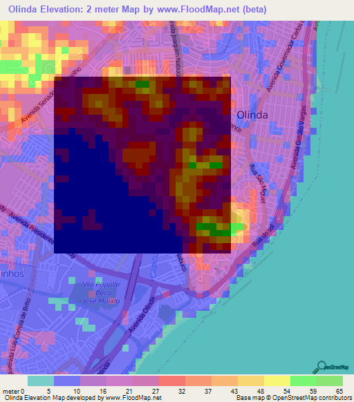 Olinda,Brazil Elevation Map