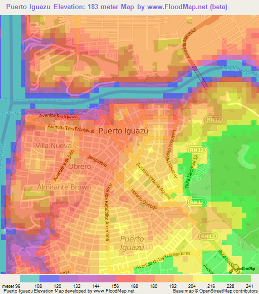 Elevation of Puerto Iguazu,Argentina Elevation Map, Topography, Contour