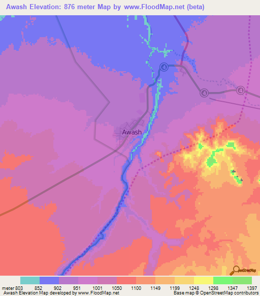 Awash,Ethiopia Elevation Map