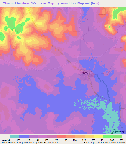 Ybycui,Paraguay Elevation Map