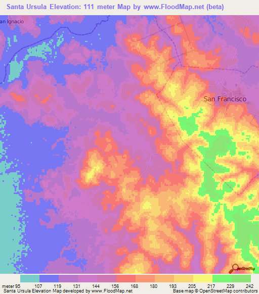 Santa Ursula,Paraguay Elevation Map