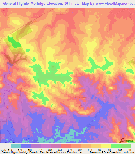 General Higinio Morinigo,Paraguay Elevation Map