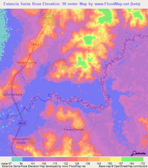 Estancia Santa Rosa,Paraguay Elevation Map