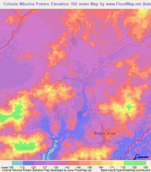 Colonia Mburica Potrero,Paraguay Elevation Map