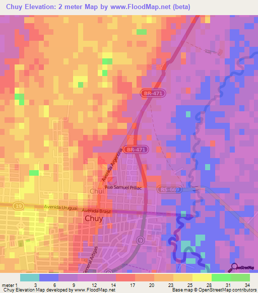 Chuy,Uruguay Elevation Map