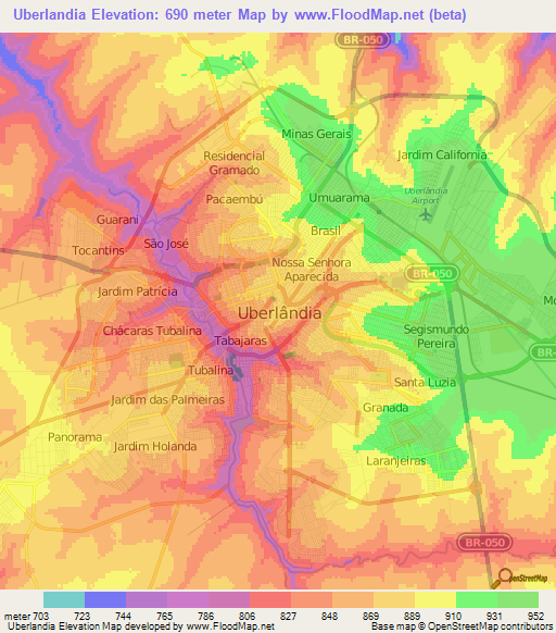 Uberlandia,Brazil Elevation Map