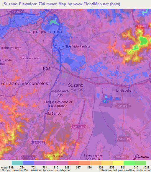 Suzano,Brazil Elevation Map