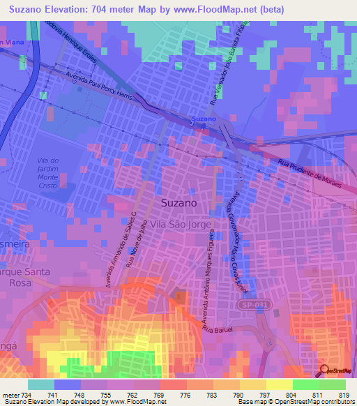 Suzano,Brazil Elevation Map