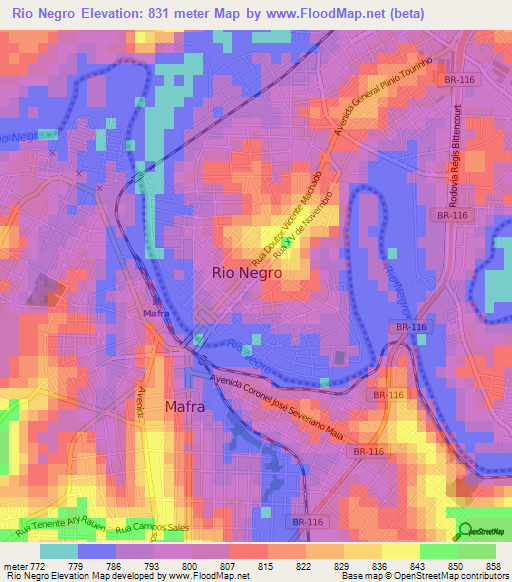 Rio Negro,Brazil Elevation Map