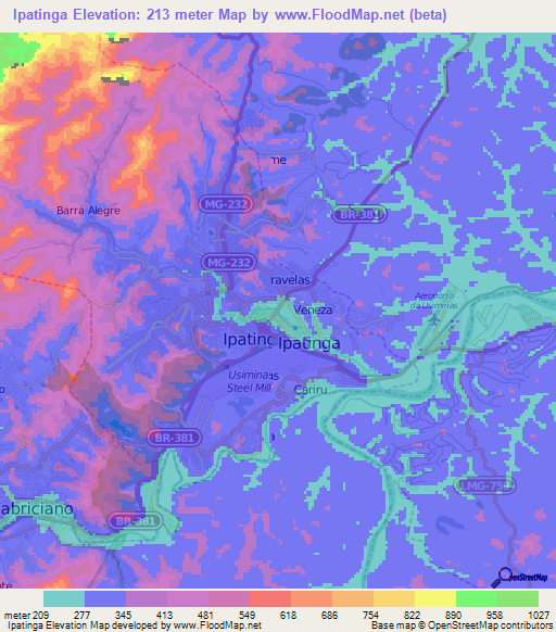 Ipatinga,Brazil Elevation Map