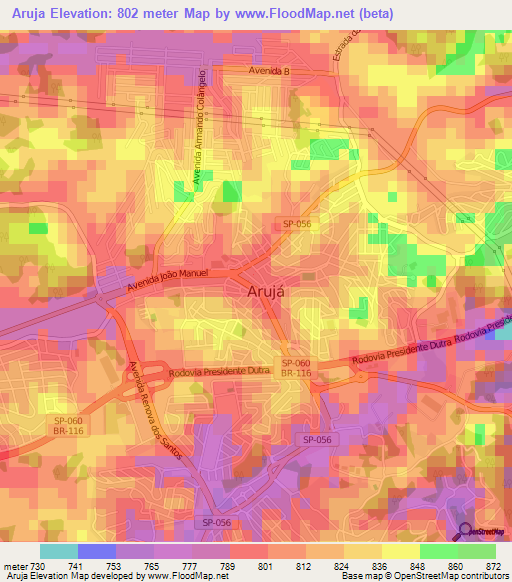 Aruja,Brazil Elevation Map