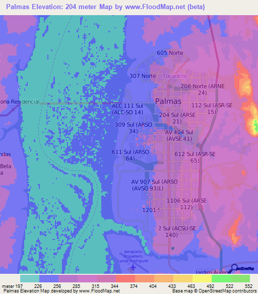 Palmas,Brazil Elevation Map