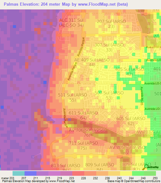 Palmas,Brazil Elevation Map