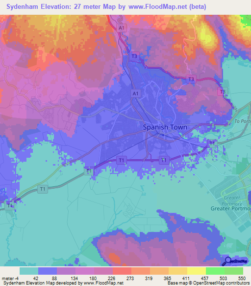 Sydenham,Jamaica Elevation Map