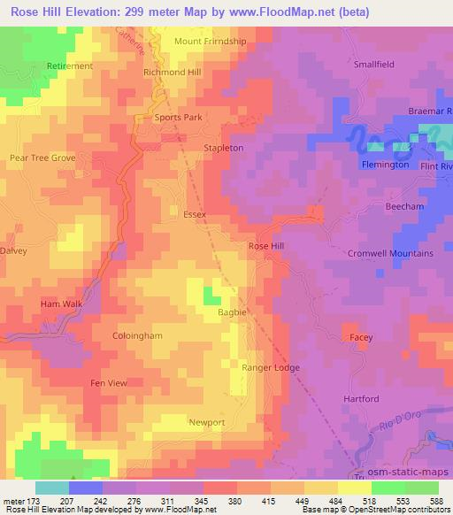 Rose Hill,Jamaica Elevation Map