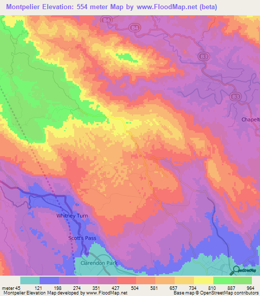 Montpelier,Jamaica Elevation Map