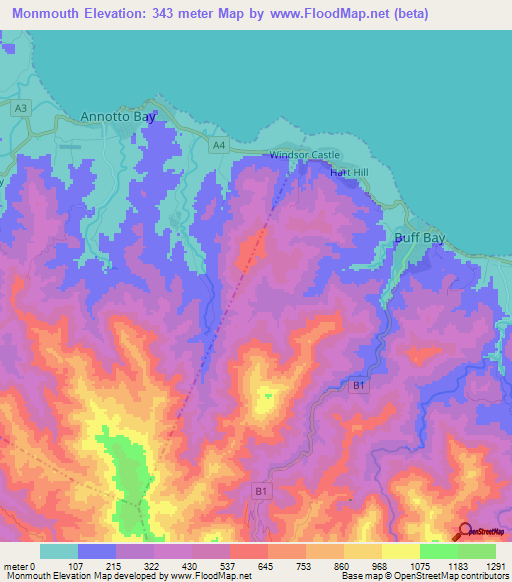 Monmouth,Jamaica Elevation Map