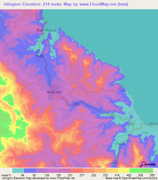 Elevation of Islington,Jamaica Elevation Map, Topography, Contour