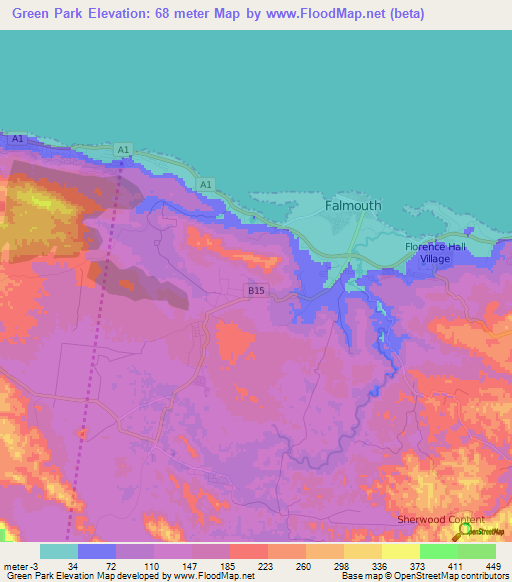 Green Park,Jamaica Elevation Map