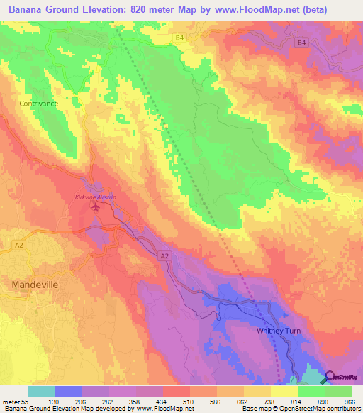 Banana Ground,Jamaica Elevation Map