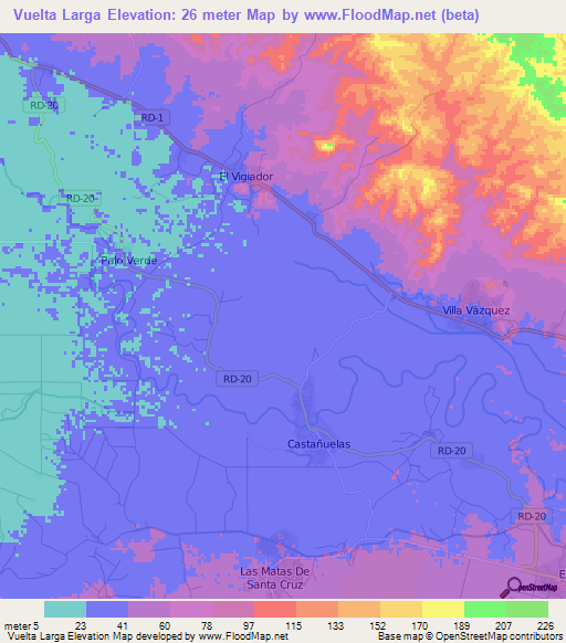 Vuelta Larga,Dominican Republic Elevation Map