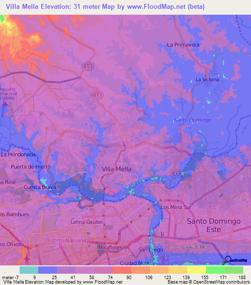 Villa Mella,Dominican Republic Elevation Map